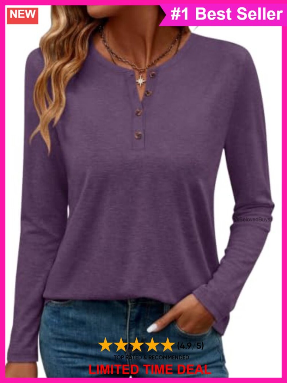 Women's Long Sleeve Henley Shirt Cotton Blend Loose Fit Casual Top